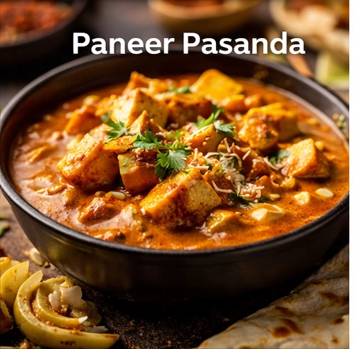 Paneer Pasanda Stuffed paneer pieces cooked in a royal, cashew-based gravy. This dish is ideal for guests who prefer a rich and premium dining experience.